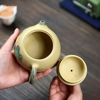 280ml Yixing High-end Purple Clay Xishi Teapot Master Handmade Mud Painted Lotus Tea Pot Kettle Chinese Zisha Tea Set Collection