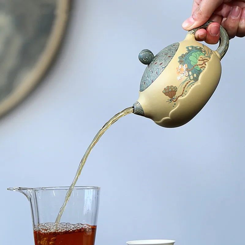 280ml Yixing High-end Purple Clay Xishi Teapot Master Handmade Mud Painted Lotus Tea Pot Kettle Chinese Zisha Tea Set Collection