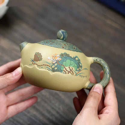 280ml Yixing High-end Purple Clay Xishi Teapot Master Handmade Mud Painted Lotus Tea Pot Kettle Chinese Zisha Tea Set Collection