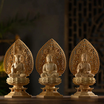 28CM Big Buddha Statues Wooden Mercy Goddess Tibetan King Buddhist Three Buddhas Wood Carving Hand Carved Buddha Home Decoration