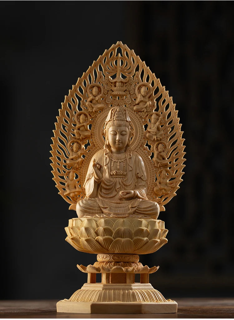 28CM Big Buddha Statues Wooden Mercy Goddess Tibetan King Buddhist Three Buddhas Wood Carving Hand Carved Buddha Home Decoration