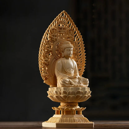 28CM Big Buddha Statues Wooden Mercy Goddess Tibetan King Buddhist Three Buddhas Wood Carving Hand Carved Buddha Home Decoration