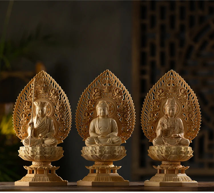 28CM Big Buddha Statues Wooden Mercy Goddess Tibetan King Buddhist Three Buddhas Wood Carving Hand Carved Buddha Home Decoration