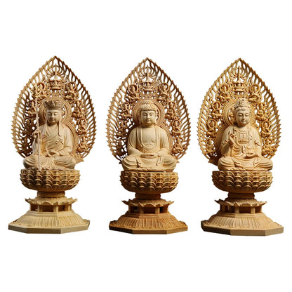 28CM Big Buddha Statues Wooden Mercy Goddess Tibetan King Buddhist Three Buddhas Wood Carving Hand Carved Buddha Home Decoration