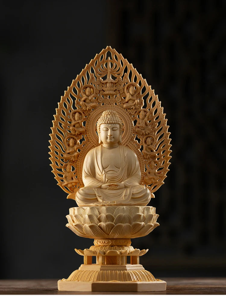 28CM Big Buddha Statues Wooden Mercy Goddess Tibetan King Buddhist Three Buddhas Wood Carving Hand Carved Buddha Home Decoration