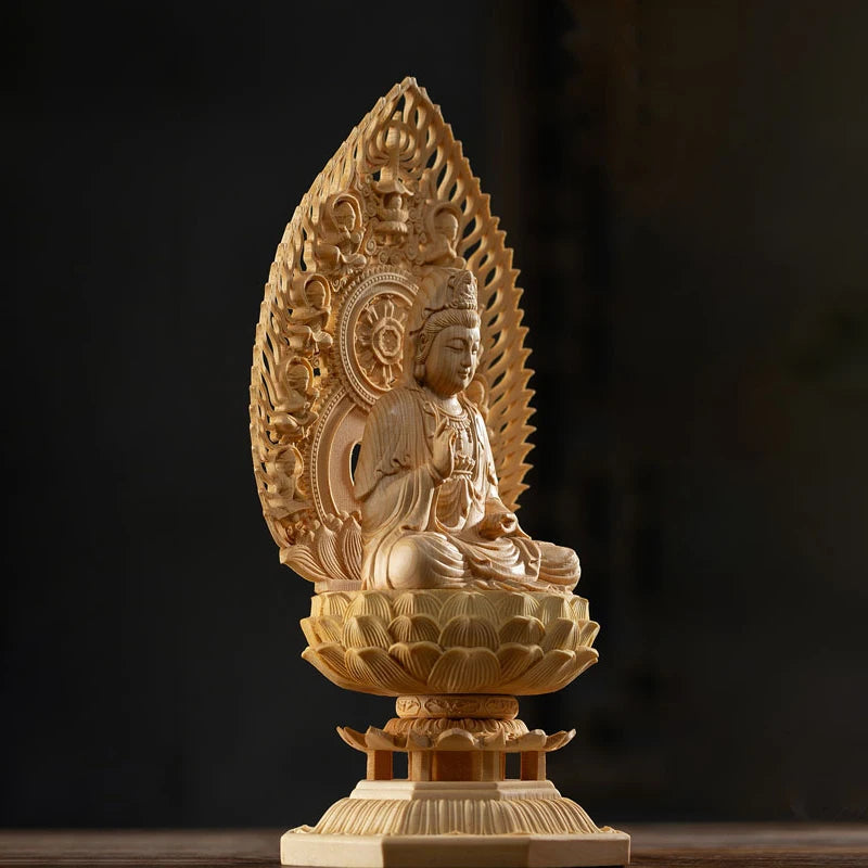 28CM Big Buddha Statues Wooden Mercy Goddess Tibetan King Buddhist Three Buddhas Wood Carving Hand Carved Buddha Home Decoration