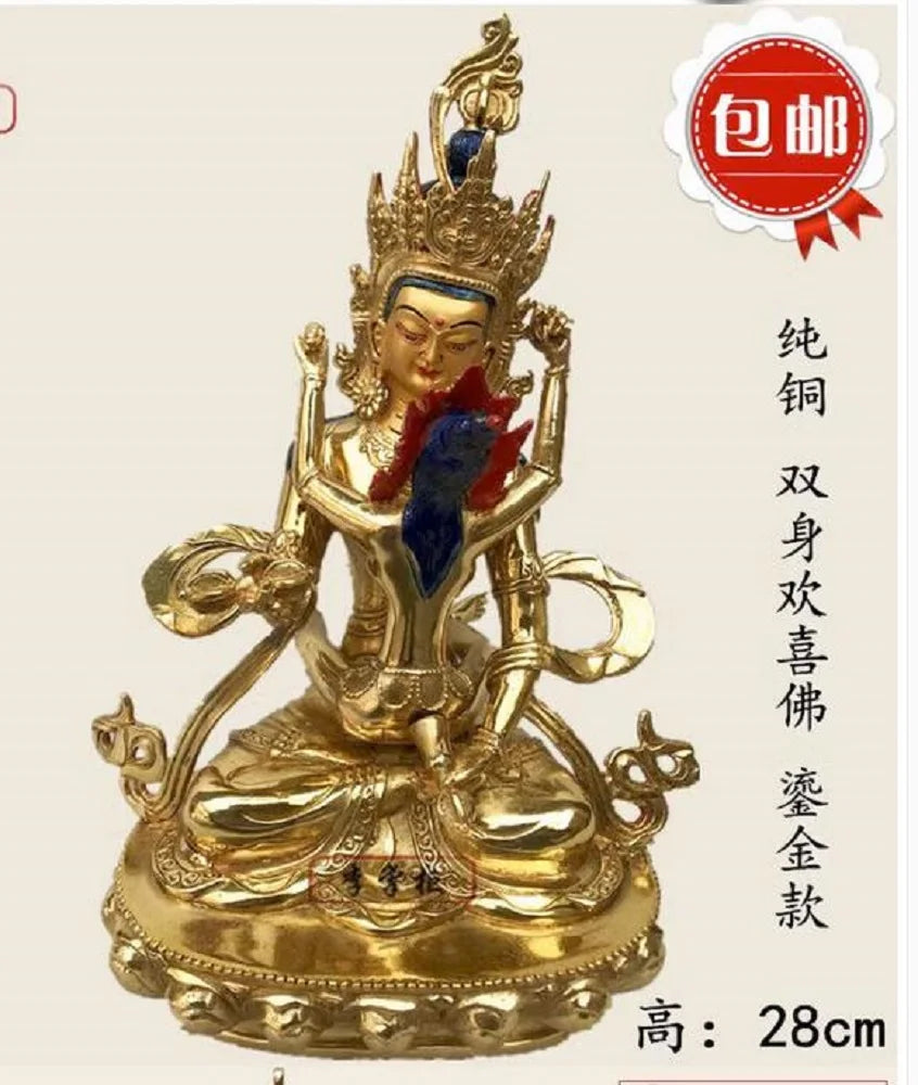 28CM Nepalese Tibetan Tantra Pure Copper Double Body Joyful Buddha Statue, Empress Ming, Gilded and Painted Ornament