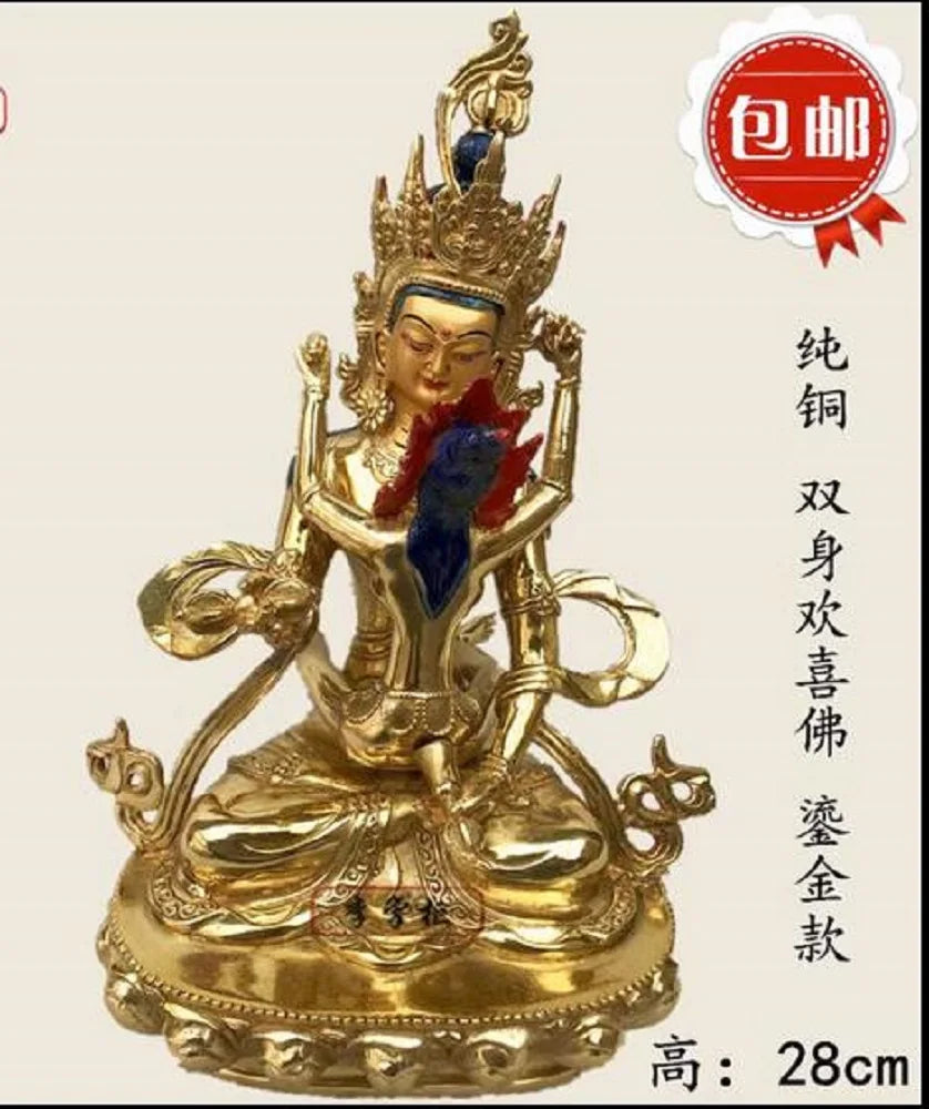 28CM Nepalese Tibetan Tantra Pure Copper Double Body Joyful Buddha Statue, Empress Ming, Gilded and Painted Ornament
