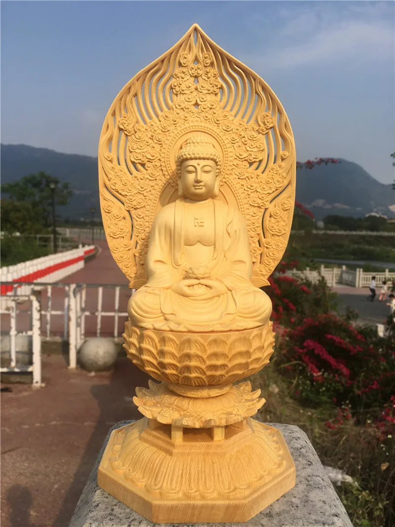 28CM large HOME Family safety health Company SHOP good luck Efficacious protection Amitabha Sakyamuni buddha wood carving statue