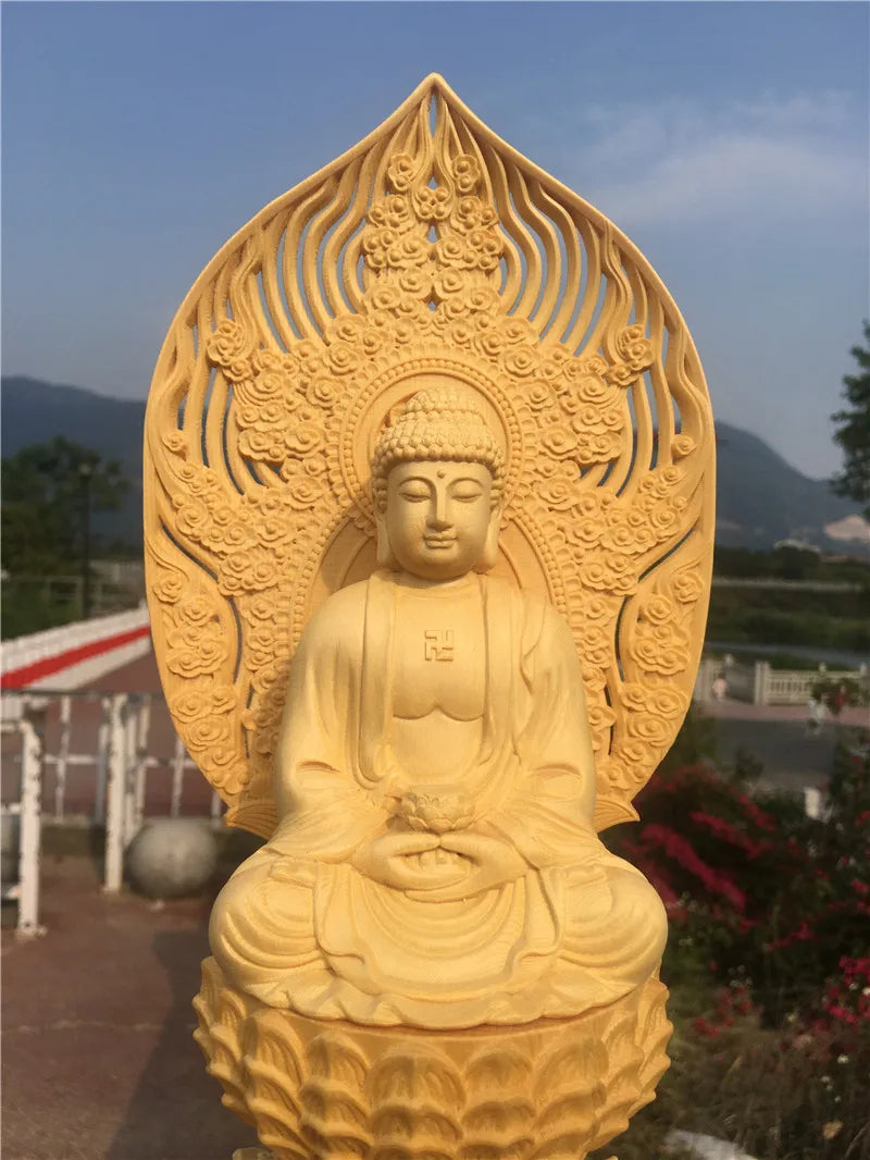 28CM large HOME Family safety health Company SHOP good luck Efficacious protection Amitabha Sakyamuni buddha wood carving statue