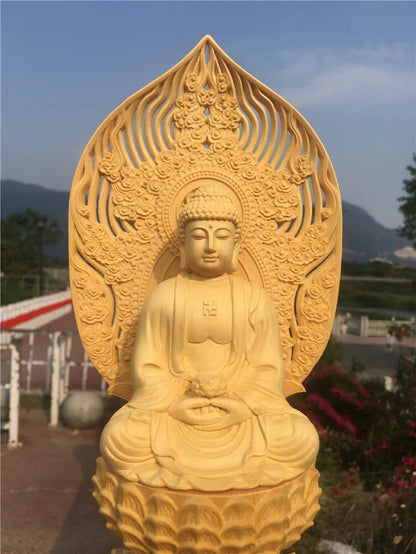 28CM large HOME Family safety health Company SHOP good luck Efficacious protection Amitabha Sakyamuni buddha wood carving statue