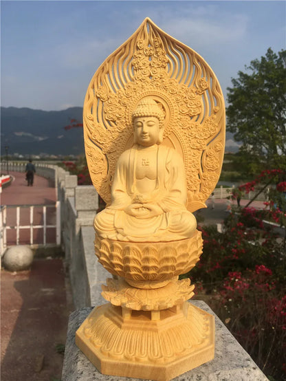 28CM large HOME Family safety health Company SHOP good luck Efficacious protection Amitabha Sakyamuni buddha wood carving statue