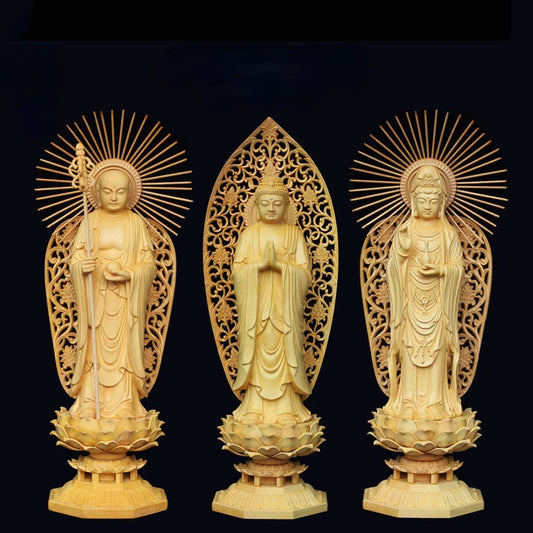 28cm Boxwood Three Buddha Sculpture Shakyamuni Carving Guanyin Ksitigarbha Statue Feng Shui Home Decor Home Crafts