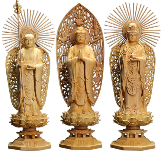 28cm Boxwood  Three Buddha Sculpture Shakyamuni Wood Carving Guanyin Ksitigarbha Statue Feng Shui Home Decor Home Crafts