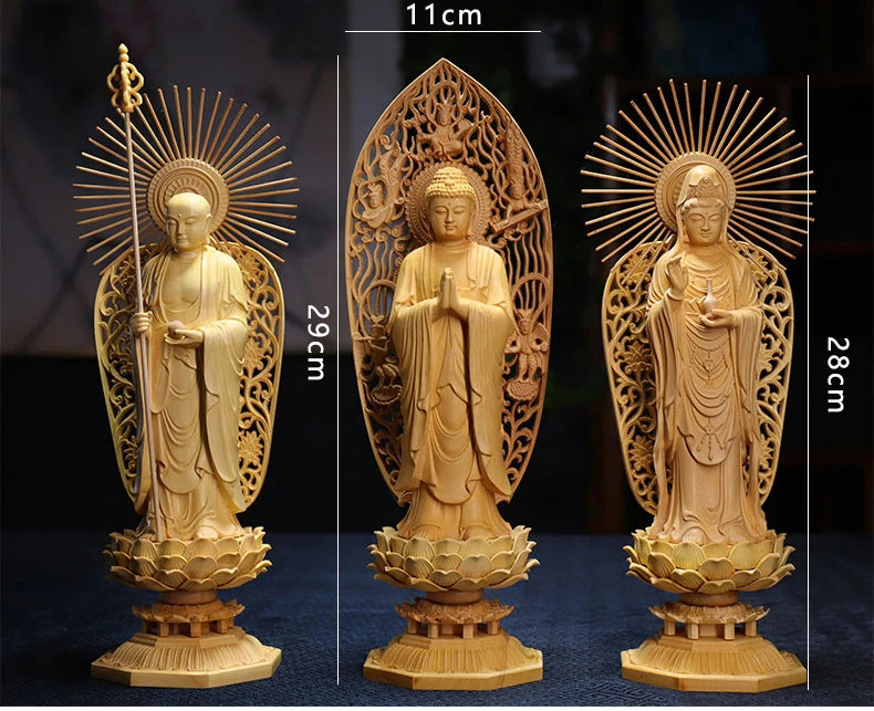 28cm Boxwood  Three Buddha Sculpture Shakyamuni Wood Carving Guanyin Ksitigarbha Statue Feng Shui Home Decor Home Crafts