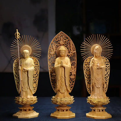 28cm Boxwood  Three Buddha Sculpture Shakyamuni Wood Carving Guanyin Ksitigarbha Statue Feng Shui Home Decor Home Crafts