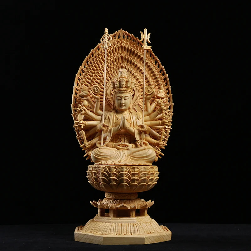 28cm Japan Carving Buddha Statue Guanyin The Thousand Arms Goddess Solid Wood Statue Feng Shui Wooden Statues For Decors