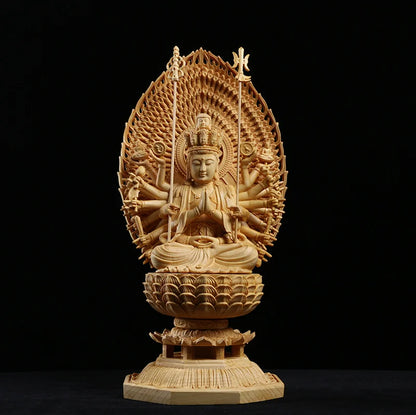 28cm Japan Carving Buddha Statue Guanyin The Thousand Arms Goddess Solid Wood Statue Feng Shui Wooden Statues For Decors