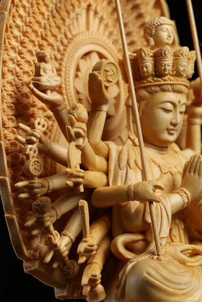 28cm Japan Carving Buddha Statue Guanyin The Thousand Arms Goddess Solid Wood Statue Feng Shui Wooden Statues For Decors