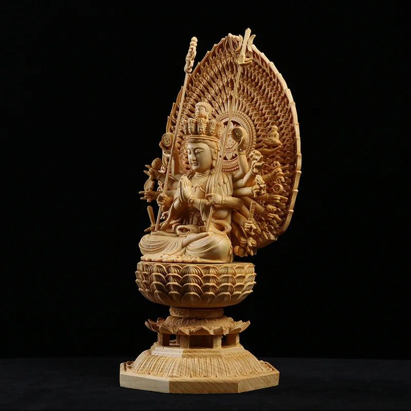28cm Japan Carving Buddha Statue Guanyin The Thousand Arms Goddess Solid Wood Statue Feng Shui Wooden Statues For Decors