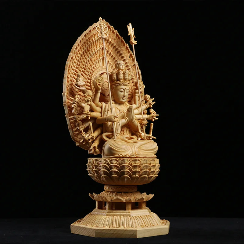 28cm Japan Carving Buddha Statue Guanyin The Thousand Arms Goddess Solid Wood Statue Feng Shui Wooden Statues For Decors