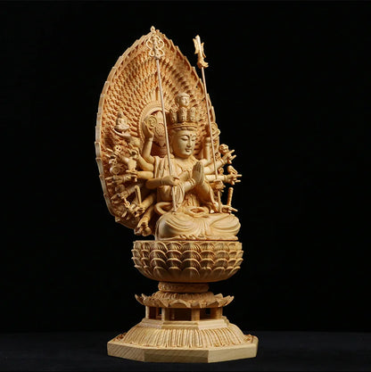 28cm Japan Carving Buddha Statue Guanyin The Thousand Arms Goddess Solid Wood Statue Feng Shui Wooden Statues For Decors