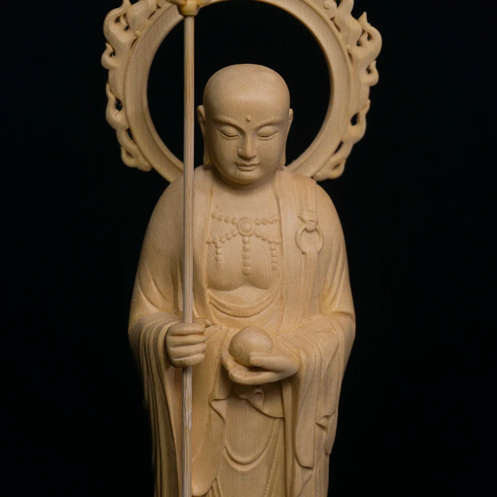 28cm Ksitigarbha Cypress Wood Sculpture Living Room Decoration Feng Shui Wood Buddha Statue Ksitigarbha Bodhisattva Home Decor