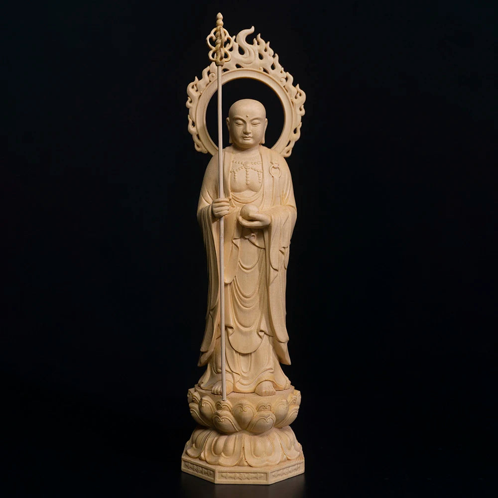 28cm Ksitigarbha Cypress Wood Sculpture Living Room Decoration Feng Shui Wood Buddha Statue Ksitigarbha Bodhisattva Home Decor