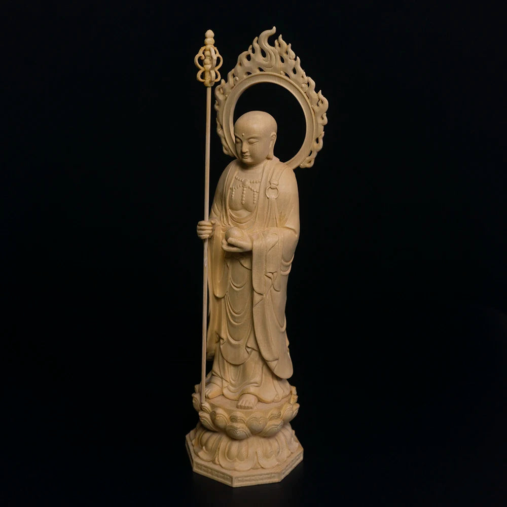 28cm Ksitigarbha Cypress Wood Sculpture Living Room Decoration Feng Shui Wood Buddha Statue Ksitigarbha Bodhisattva Home Decor