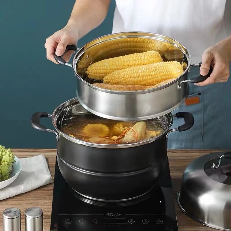 28cm Stainless Steel Two Three Layer Thick Steamer Pot Soup Steam Pot Universal Cooking Pots for Induction Cooker Gas Stove