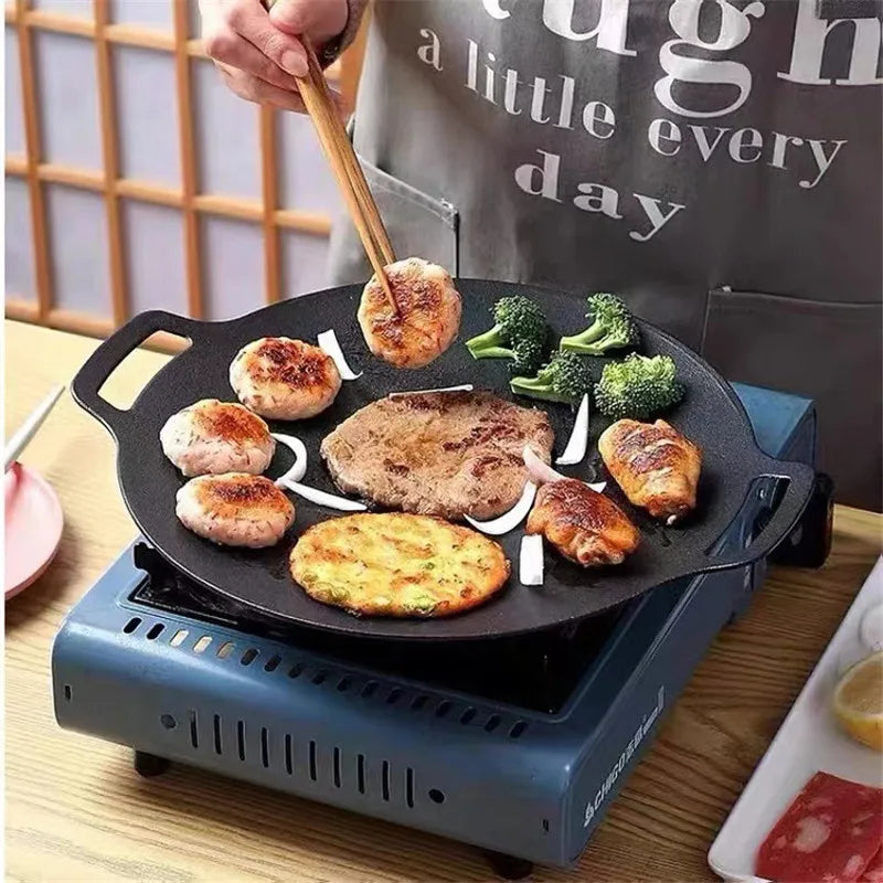 29/33cm Round Cast Iron Uncoated Frying Pan Outdoor Pancake Griddle Nonstick Barbecue Gril Cooking Pot Kitchen Cookware Utensils