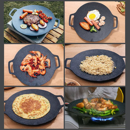 29/33cm Round Cast Iron Uncoated Frying Pan Outdoor Pancake Griddle Nonstick Barbecue Gril Cooking Pot Kitchen Cookware Utensils