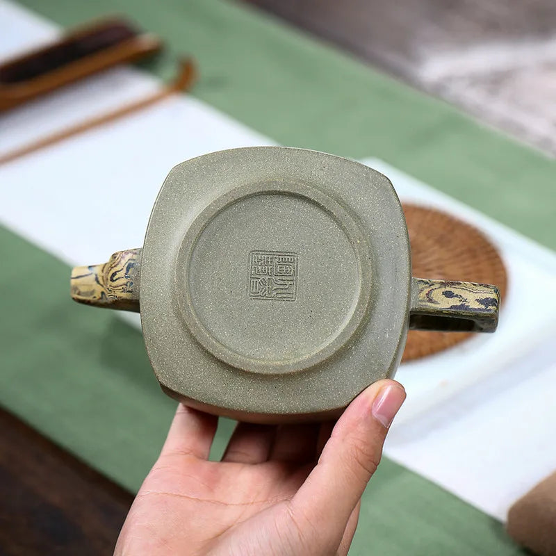 290ml Authentic Chinese Yixing Purple Clay Teapots Raw Ore Bean Green Clay Square Tea Pot Kettle Handmade Zisha Tea Set Supplies