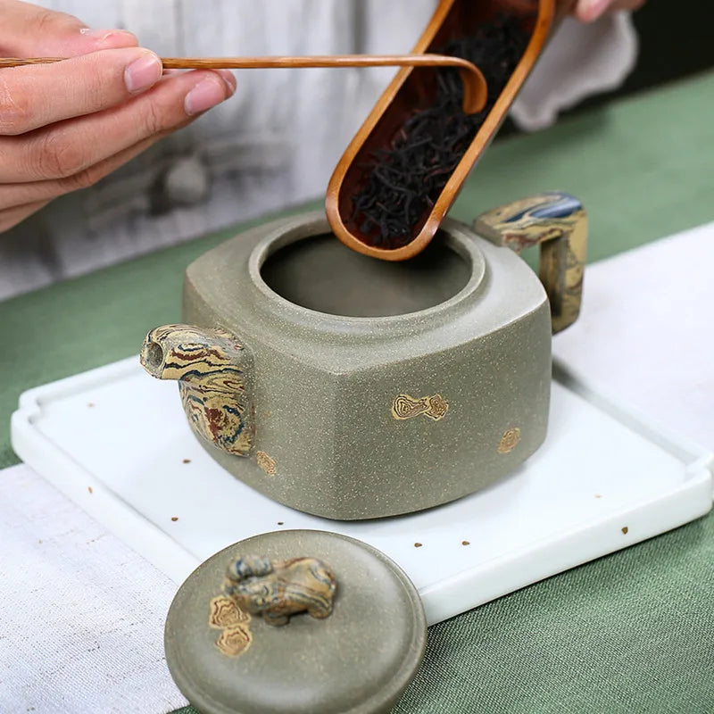290ml Authentic Chinese Yixing Purple Clay Teapots Raw Ore Bean Green Clay Square Tea Pot Kettle Handmade Zisha Tea Set Supplies