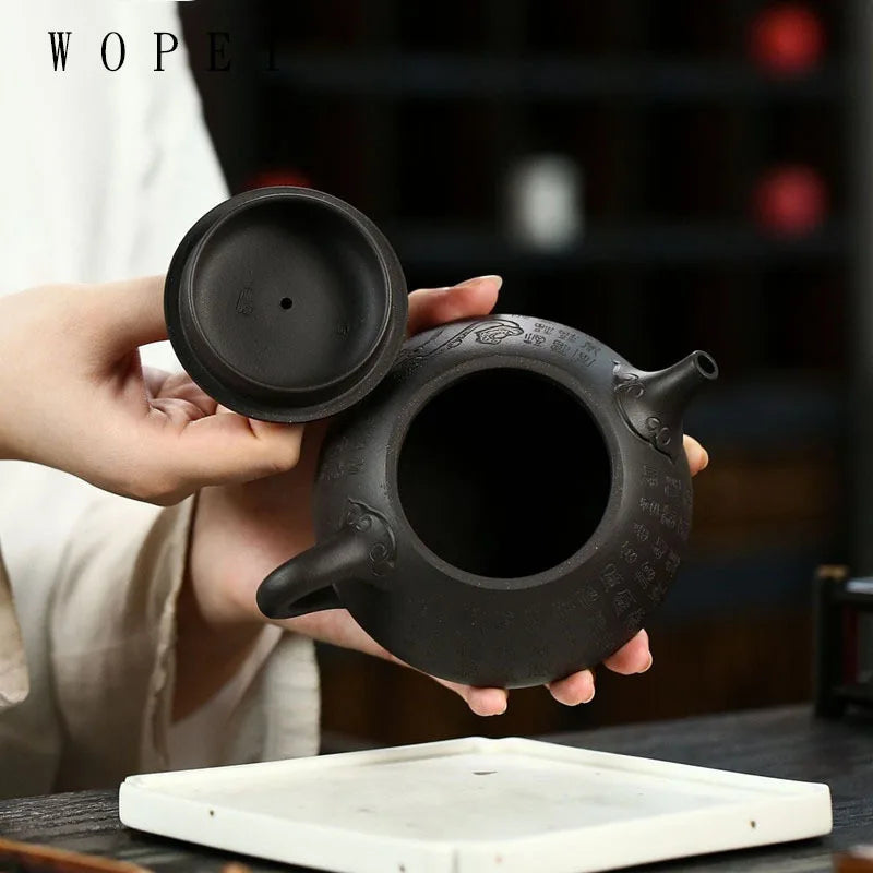 290ml Chinese Yixing Purple Clay Teapot Master Hand-carved Stone Scoop Tea Pot Handmade Kettle Authentic Zisha Tea Set Gifts