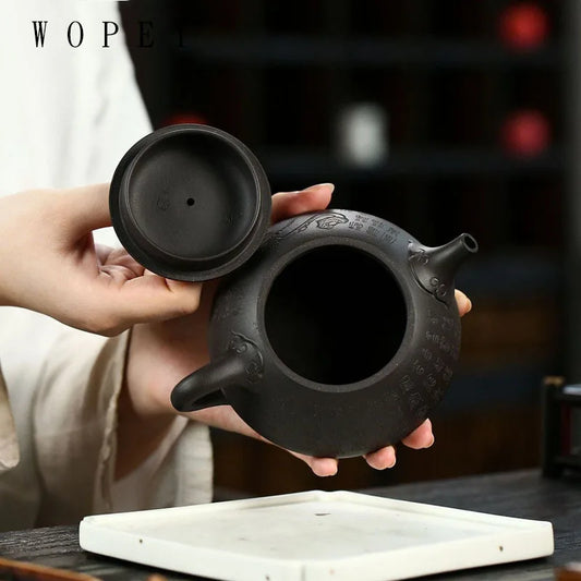 290ml Chinese Yixing Purple Clay Teapot Master Hand-carved Stone Scoop Tea Pot Handmade Kettle Authentic Zisha Tea Set Gifts
