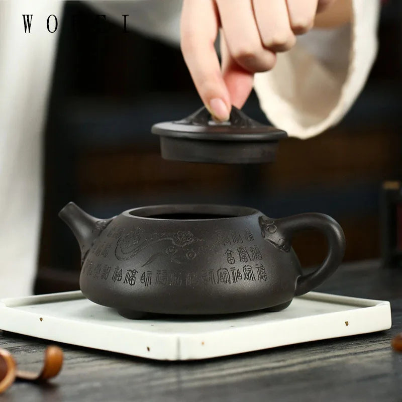 290ml Chinese Yixing Purple Clay Teapot Master Hand-carved Stone Scoop Tea Pot Handmade Kettle Authentic Zisha Tea Set Gifts