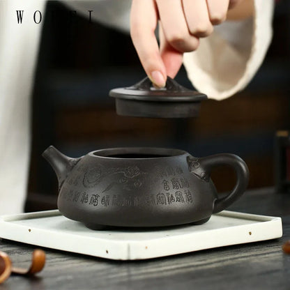 290ml Chinese Yixing Purple Clay Teapot Master Hand-carved Stone Scoop Tea Pot Handmade Kettle Authentic Zisha Tea Set Gifts