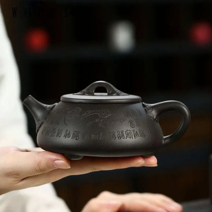 290ml Chinese Yixing Purple Clay Teapot Master Hand-carved Stone Scoop Tea Pot Handmade Kettle Authentic Zisha Tea Set Gifts