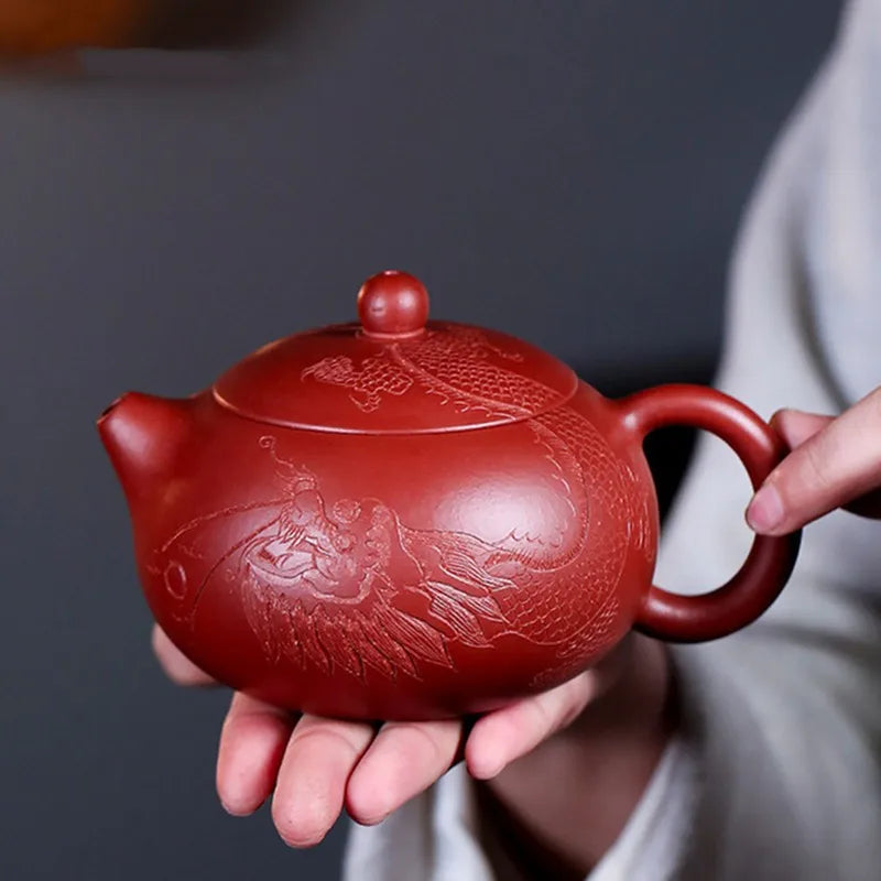 290ml Yixing Handmade Purple Clay Teapots Carved Dragon Pattern Tea Pot Raw Ore Dahongpao Beauty Kettle Chinese Zisha Tea Set