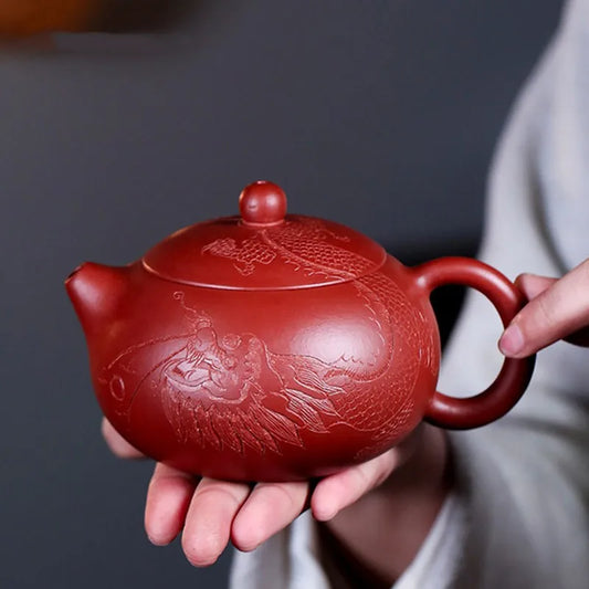 290ml Yixing Handmade Purple Clay Teapots Carved Dragon Pattern Tea Pot Raw Ore Dahongpao Beauty Kettle Chinese Zisha Tea Set