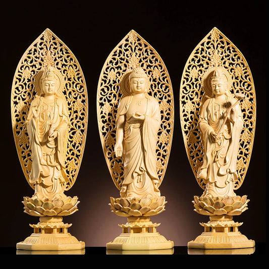 29CM Three Buddhas Statue Wood Carving Solid Home Decoration Carving Craft Feng Shui Buddha Decoration