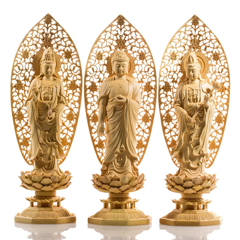 29CM Three Buddhas Statue Wood Carving Solid Home Decoration Carving Craft Feng Shui Buddha Decoration