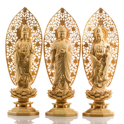 29CM Three Buddhas Statue Wood Carving Solid Home Decoration Carving Craft Feng Shui Buddha Decoration