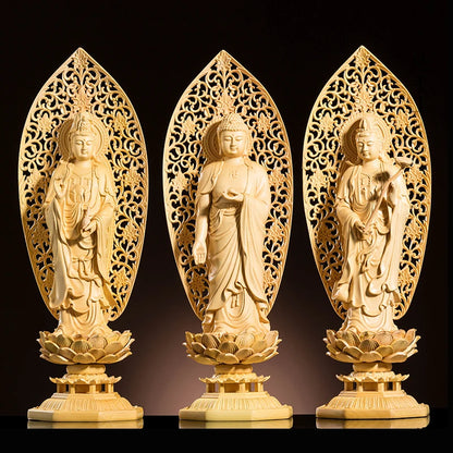 29CM Three Buddhas Statue Wood Carving Solid Home Decoration Carving Craft Feng Shui Buddha Decoration