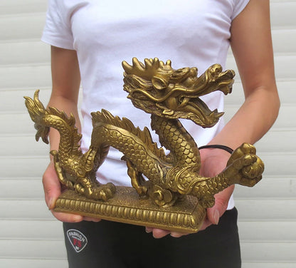 29CM # office home shop company lobby thriving business Money Drawing GOOD LUCK Mascot# gold Loong dragon FENG SHUI Brass statue