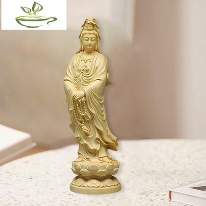 Boxwood Guanyin Sculpture Buddha Statue Feng Shui for Tabletop Tea House