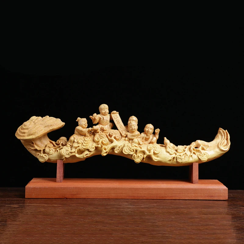 29cm Five Boys Ganoderma Ruyi Feng Shui Wood Carving Home Decoration Solid Wood Sculpture Craft Chinese Gift Collection