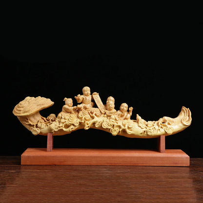 29cm Five Boys Ganoderma Ruyi Feng Shui Wood Carving Home Decoration Solid Wood Sculpture Craft Chinese Gift Collection