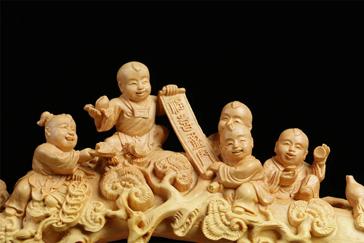 29cm Five Boys Ganoderma Ruyi Feng Shui Wood Carving Home Decoration Solid Wood Sculpture Craft Chinese Gift Collection